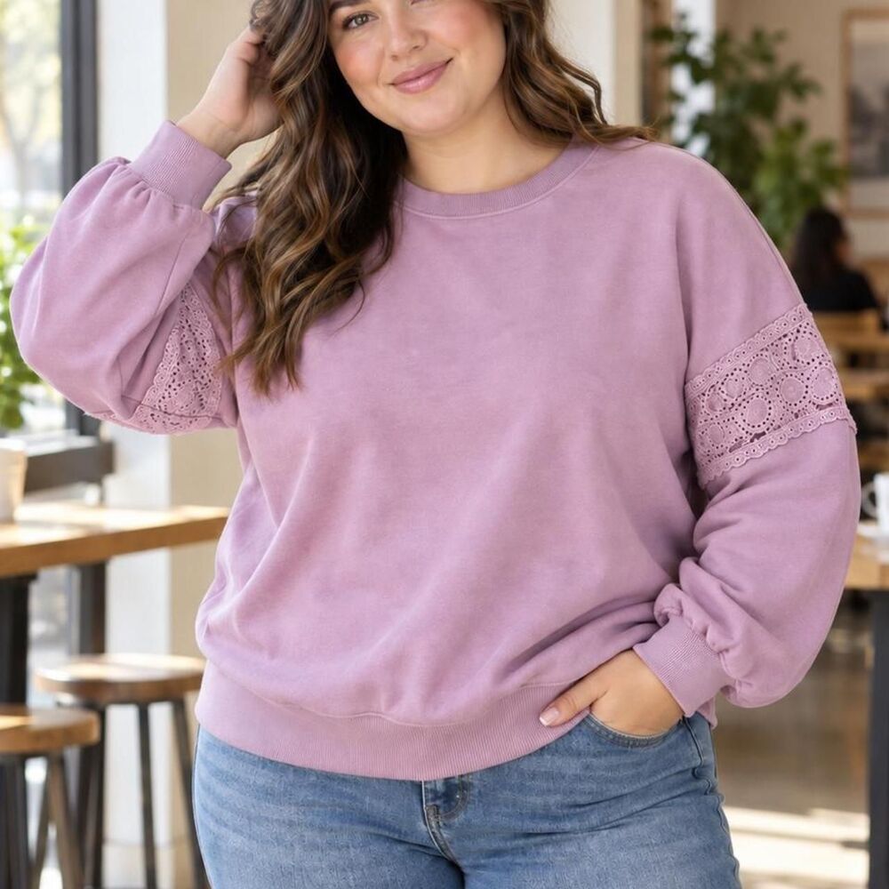 Coquette C&C California Fall Women's 1X Plus Mauve Lace Pink Sweatshirt crewneck